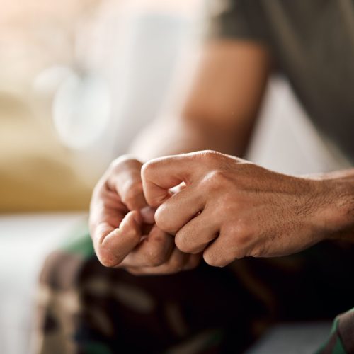 Closeup of person hands, anxiety and mental health problem, therapy and psychology with trauma. Fear, crisis and stress with depression, mistake and disaster with panic, abuse or addiction with pain.