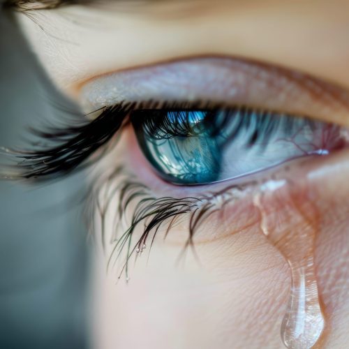 A close-up of a blue eye with a tear falling, capturing the raw emotion and vulnerability of human sorrow and grief